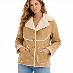 Vintage Wiman Tan Shearling Coat Faux Suede Sherpa Lined Button Front